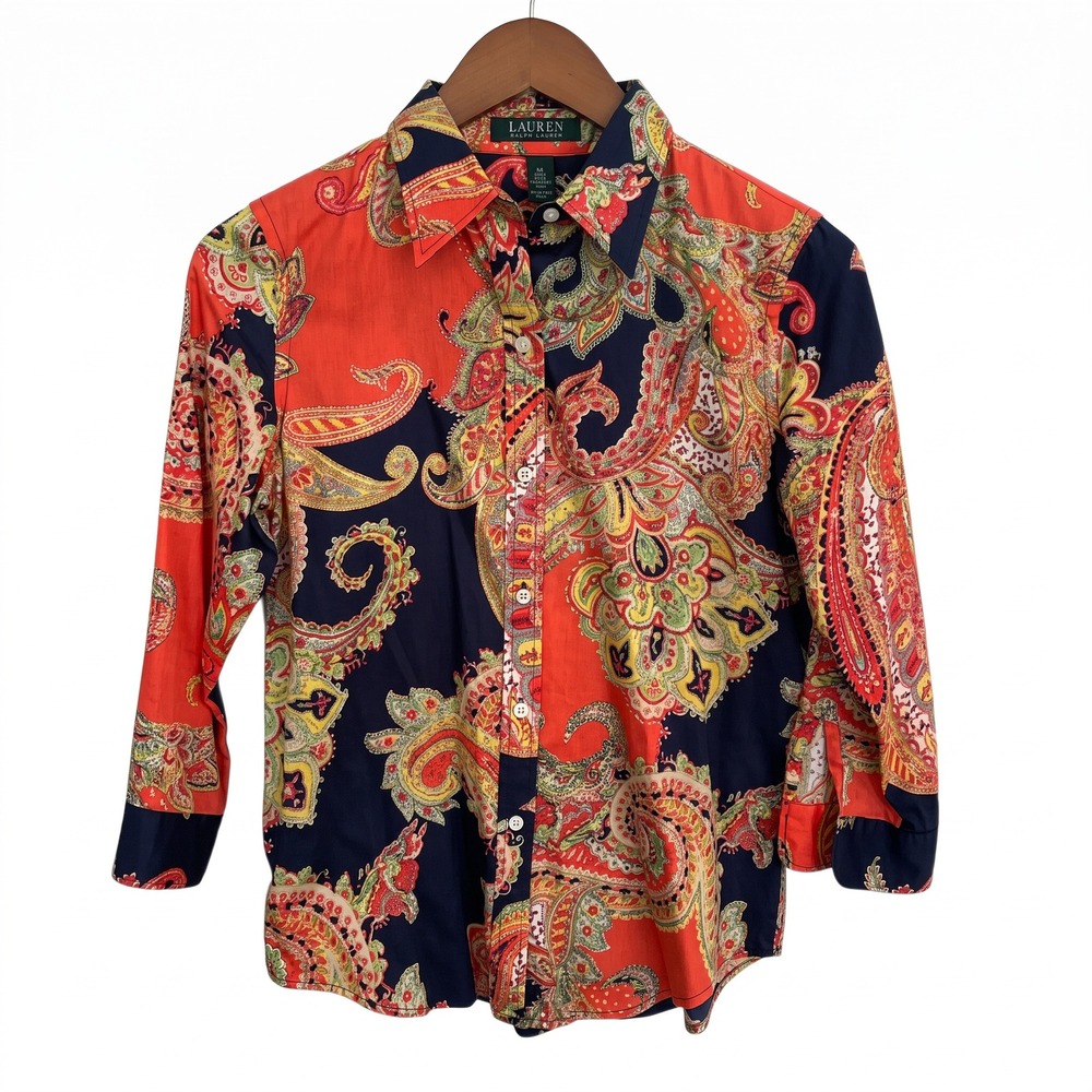 Lauren Ralph Lauren Paisley Button Down Orange Navy Paisley Cotton Blouse P SM